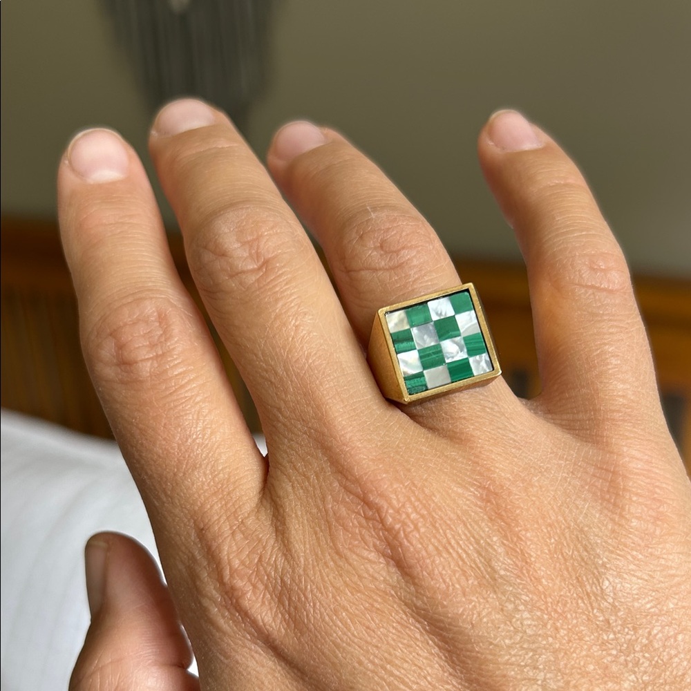 Tarin Thomas malachite and mother of pearl, checkered,  brass signet ring